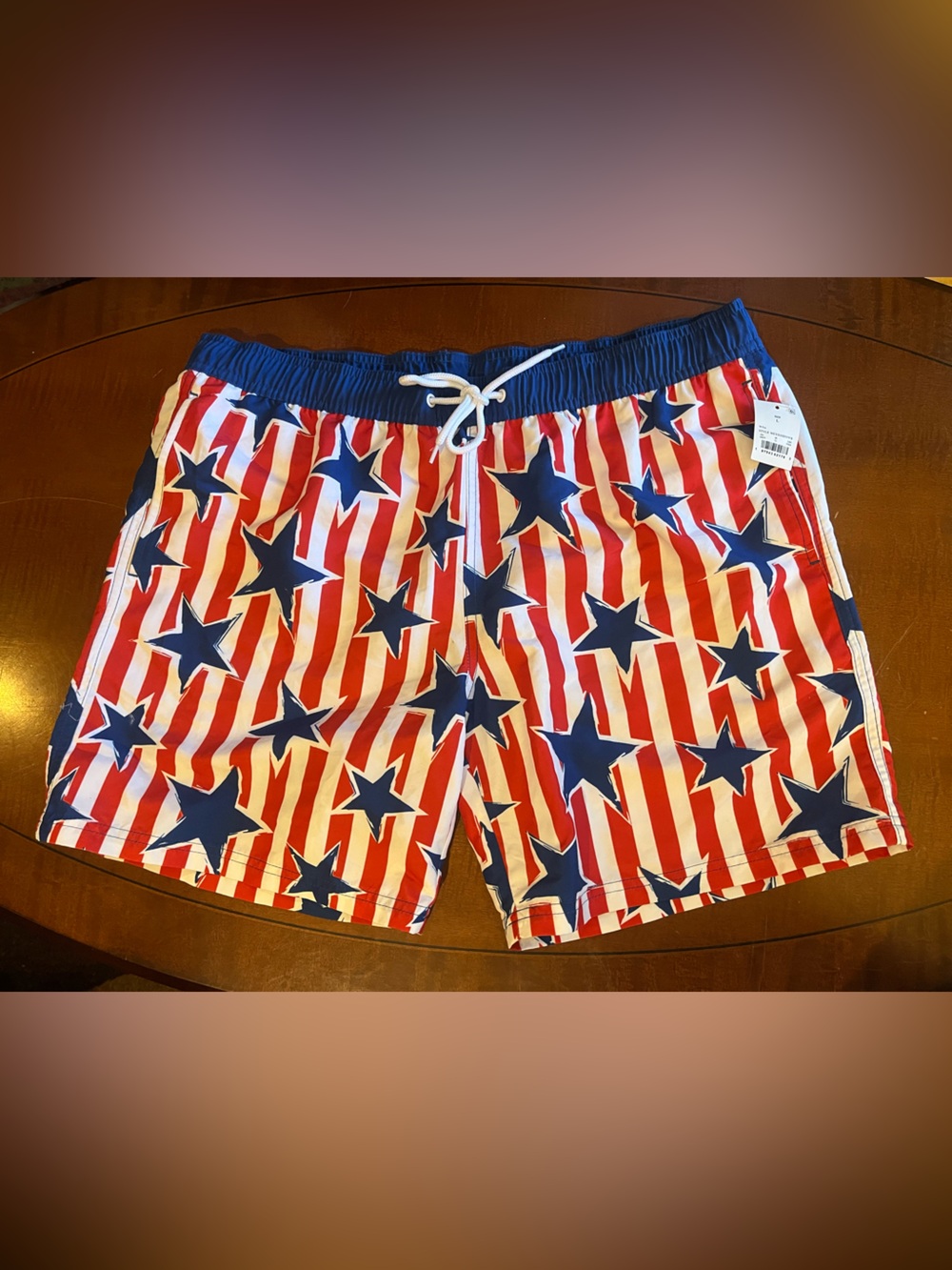 American Flag Stars and Stripes Men’s Swim Shorts. Patriotic. White red blue. L